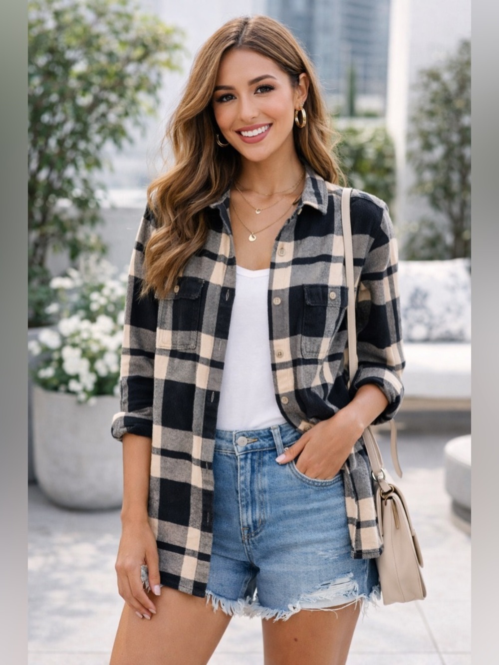 Altar'd State Black and Cream Checkered Top